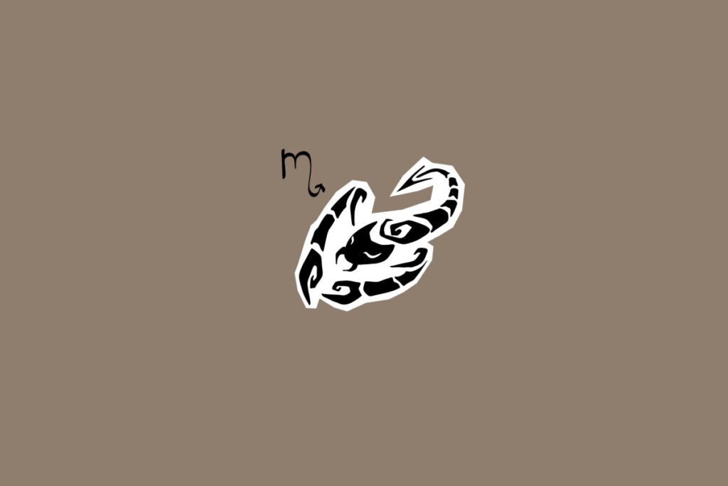 Ilustração do signo de Escorpião com um escorpião desenhado com traços curvos, ao lado do símbolo do signo, em fundo marrom
