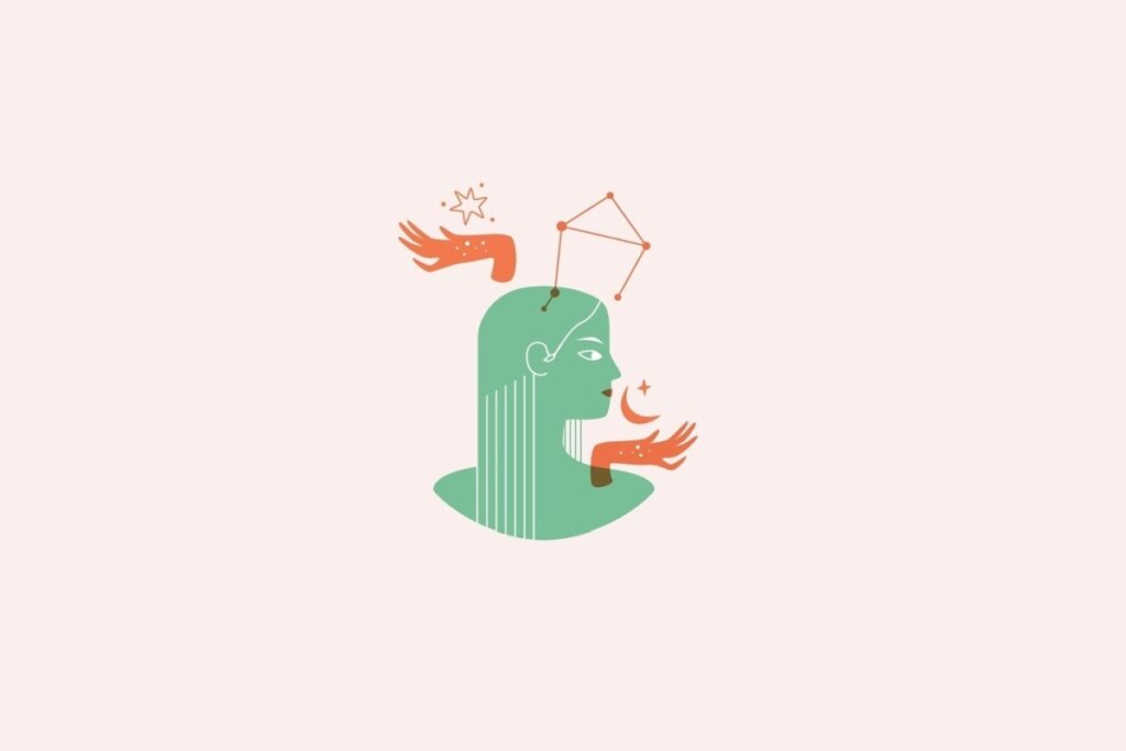 Ilustração do signo de Libra contendo uma mulher com uma balança sobre a cabeça em fundo rosa-claro