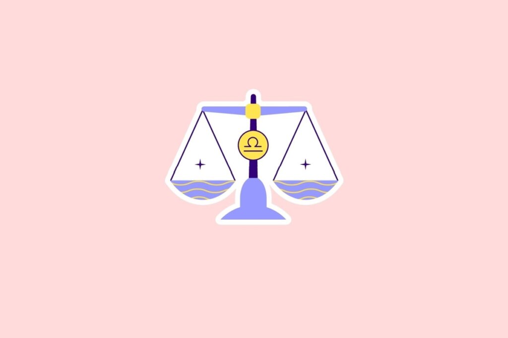 Ilustração da balança, símbolo de Libra, em tons de lilás, azul e amarelo, sobre fundo rosa-claro