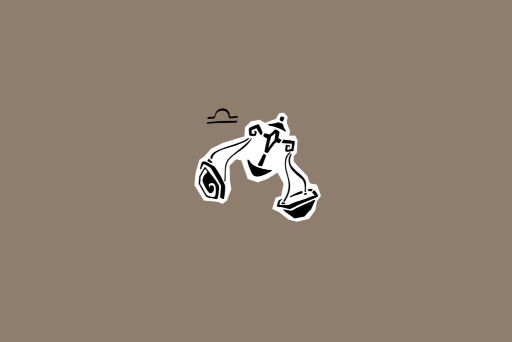 Ilustração do signo de Libra com uma balança estilizada, ao lado do símbolo do signo, em fundo marrom