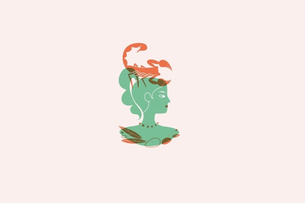 Ilustração do signo de Escorpião contendo uma mulher com um escorpião sobre a cabeça em fundo rosa-claro