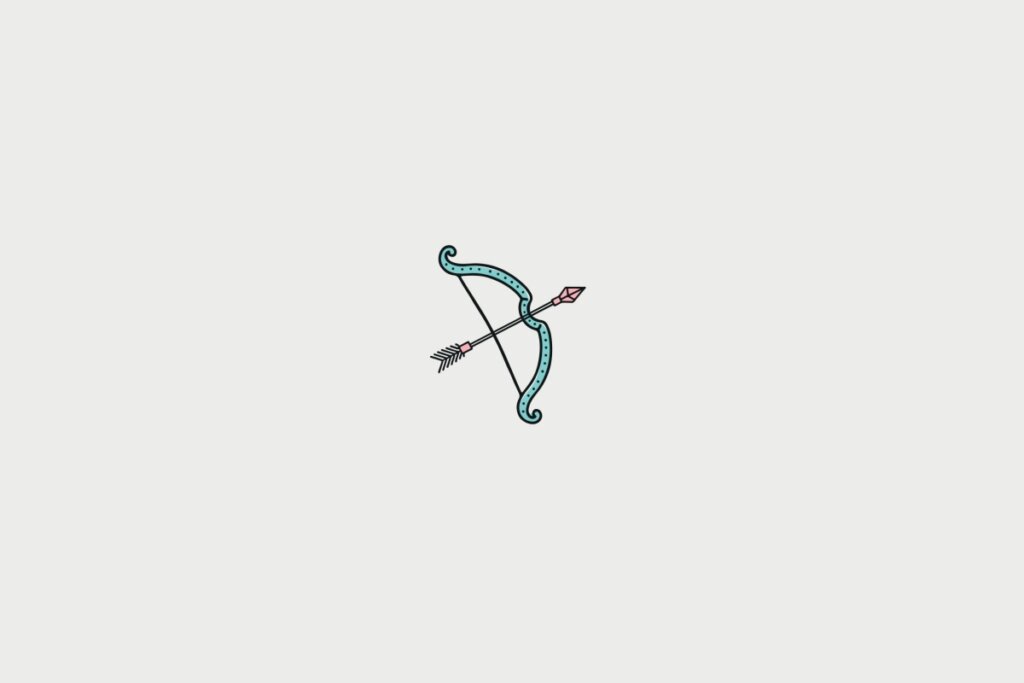ilustração rosa e azul de arco e flecha representando o signo de sagitário sobre fundo cinza-claro