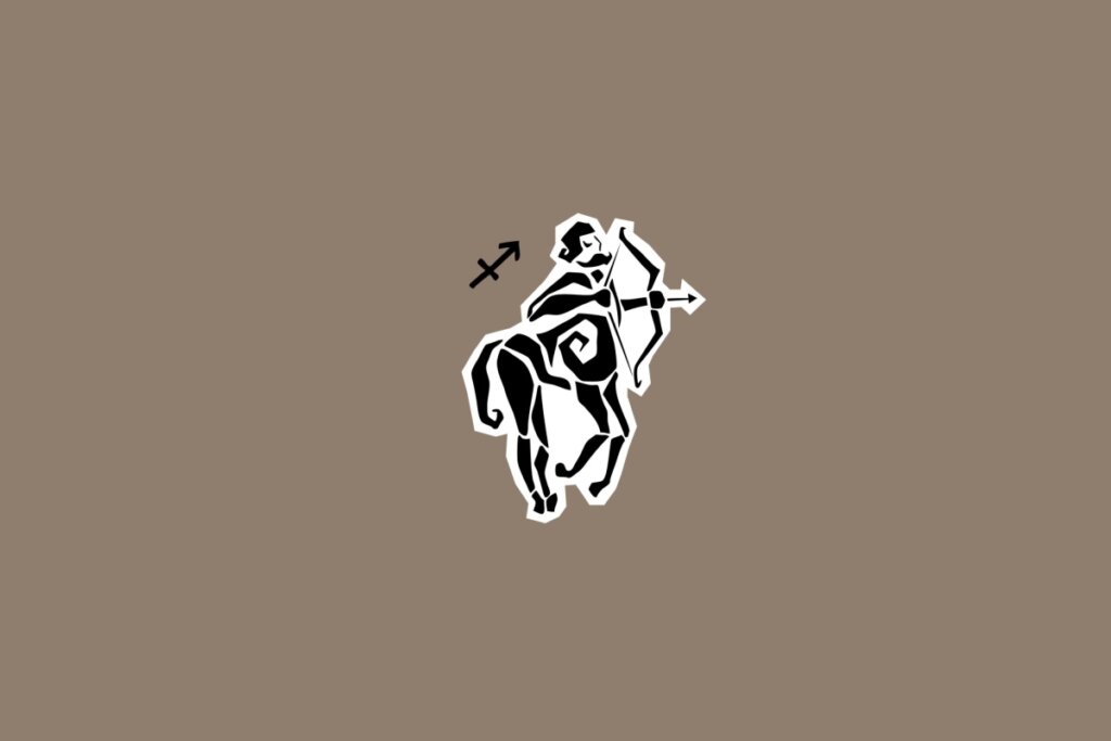 Ilustração do signo de Sagitário com um centauro arqueiro segurando um arco e flecha, ao lado do símbolo do signo, em fundo marrom