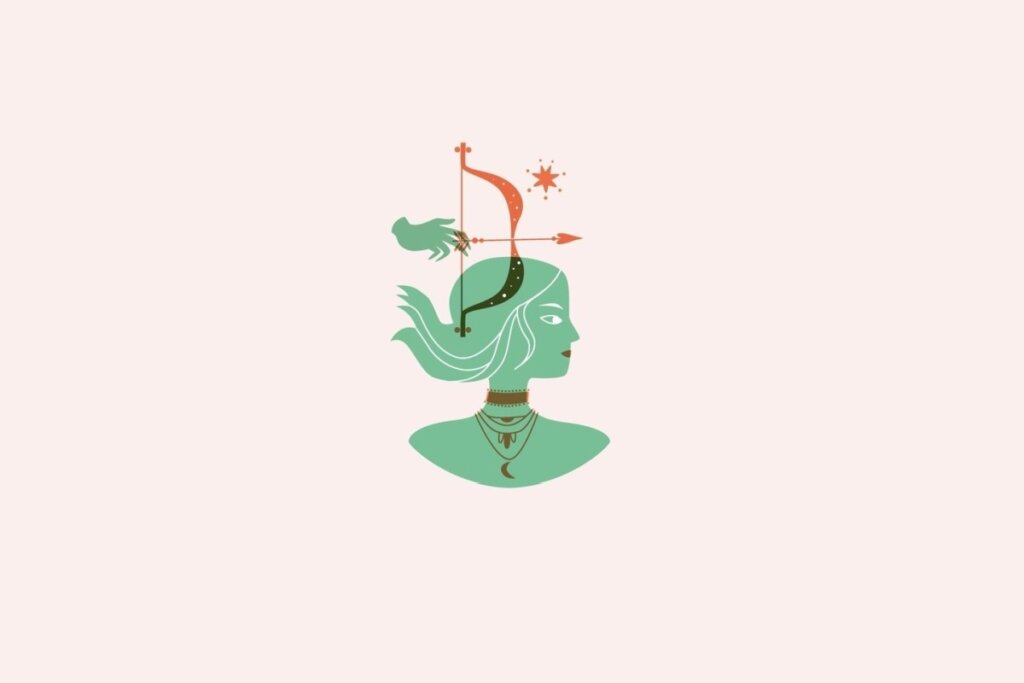 Ilustração do signo de Sagitário contendo uma mulher com arco e flecha sobre a cabeça em fundo rosa-claro