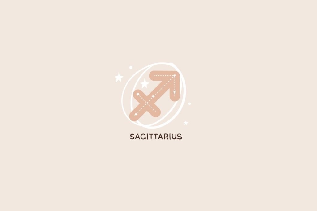 Ícone do signo de Sagitário com uma seta apontando para cima à direita, traços pontilhados e detalhes de estrelas sobre um fundo rosa-claro