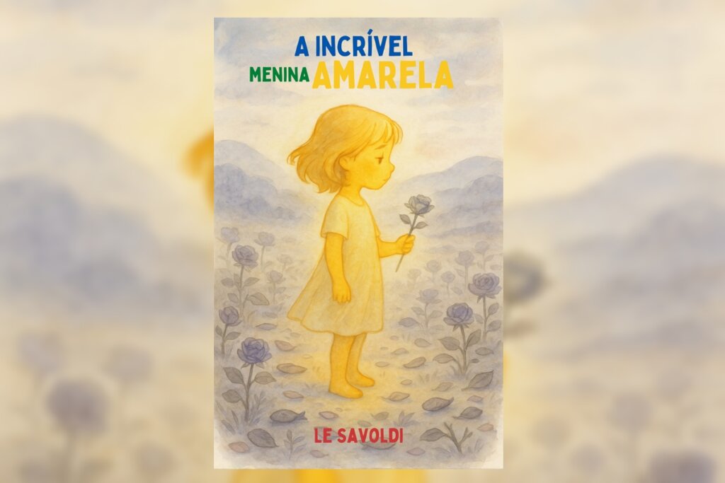 Ilustração delicada em tons de amarelo e ocre. Uma menina de perfil, toda em tons de amarelo dourado, segura uma única rosa. Ela está em um campo repleto de flores suaves sob um céu nublado. O título "A INCRÍVEL MENINA AMARELA" está no topo em azul e verde.