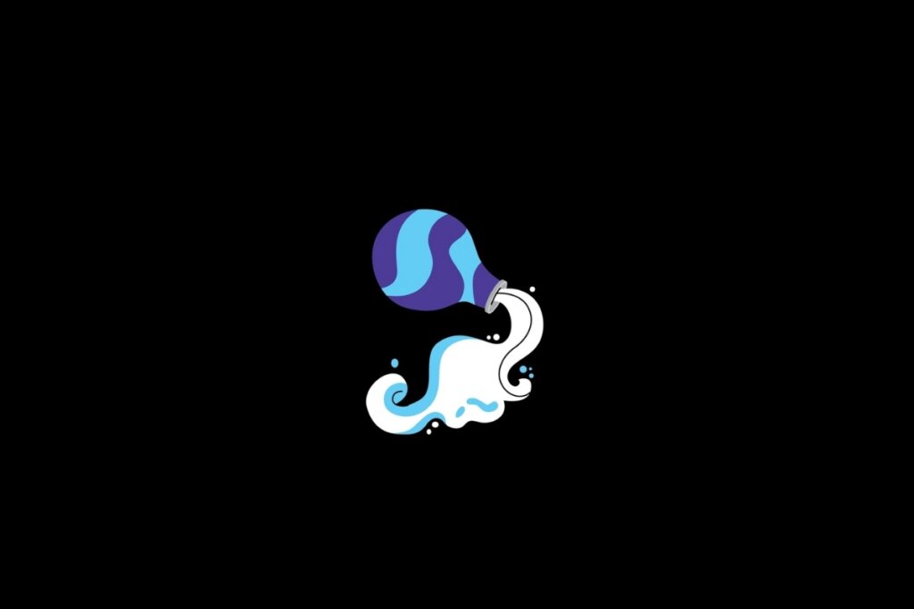 Ilustração do signo de aquário nas cores azul, roxo e branco em um fundo preto