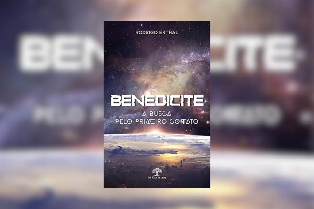 Capa do livro "Benedicite", com a ilustração do planeta Terra visto do espaço e o nome do livro em branco centralizado 