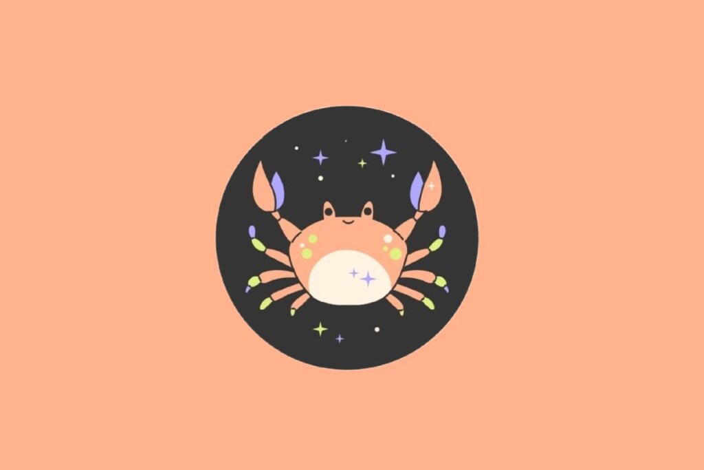 Ilustração circular com fundo preto de um caranguejo laranja sorridente com detalhes coloridos nas patas e estrelas ao redor. O fundo externo é laranja suave.