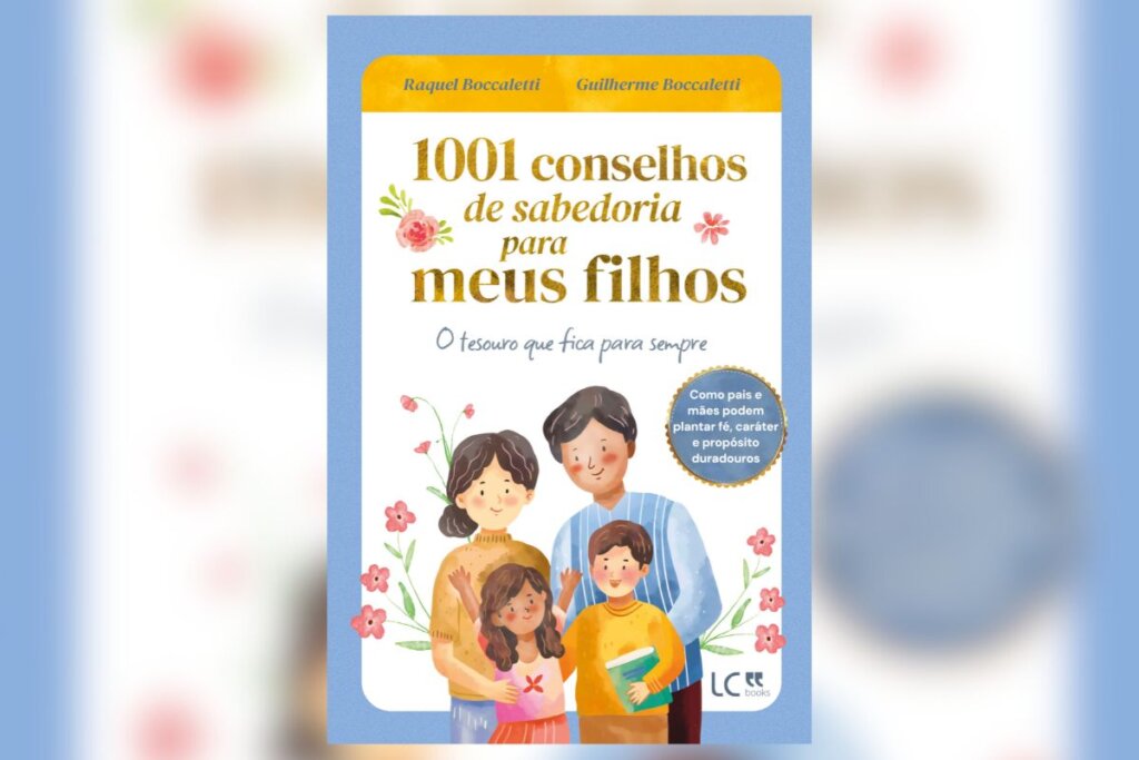 Capa do livro "1001 Conselhos de Sabedoria Para Meus Filhos", com a ilustração de um casal e duas crianças na parte inferior e o nome do livro no topo 