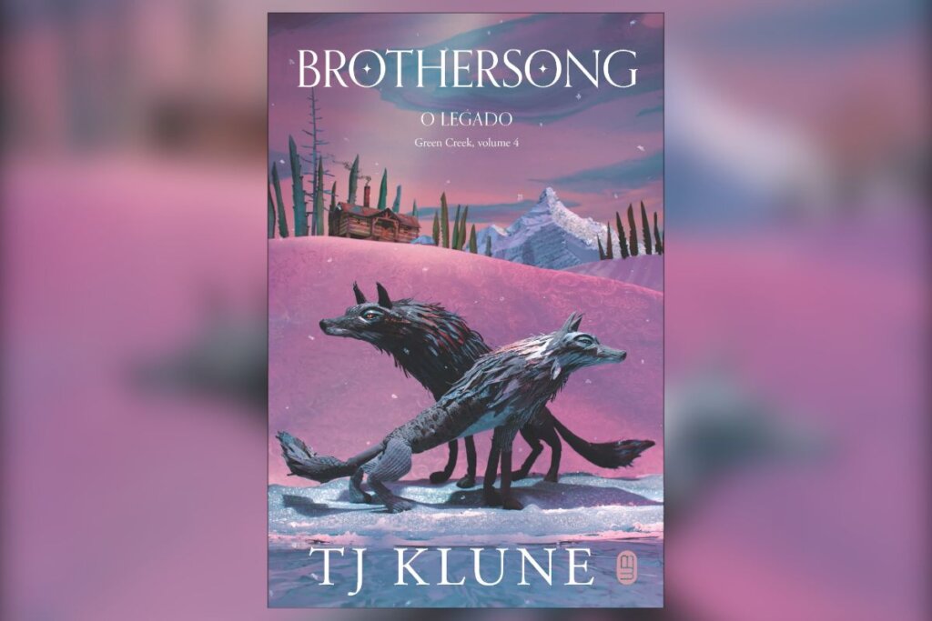 Capa do livro " Brothersong: o legado", com a ilustração de dois lobos em uma floresta e o nome do livro no topo 
