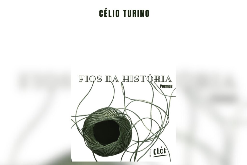 Capa do livro "Fios da história", com a ilustração de um novelo de lã em um fundo branco e o nome do livro acima 