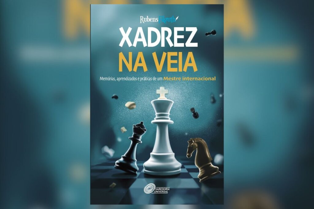 Capa do livro "Xadrez na veia", com a ilustração de peças de xadrez em um fundo cinza e branco 