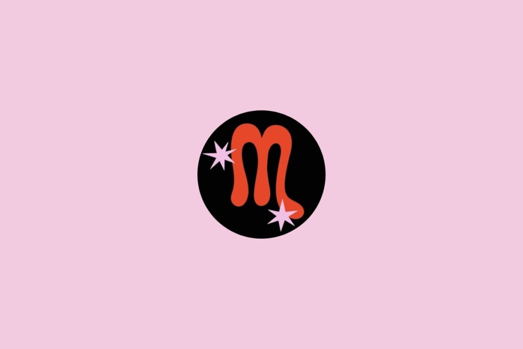 Ilustração do signo de escorpião dentro de um círculo preto em um fundo rosa