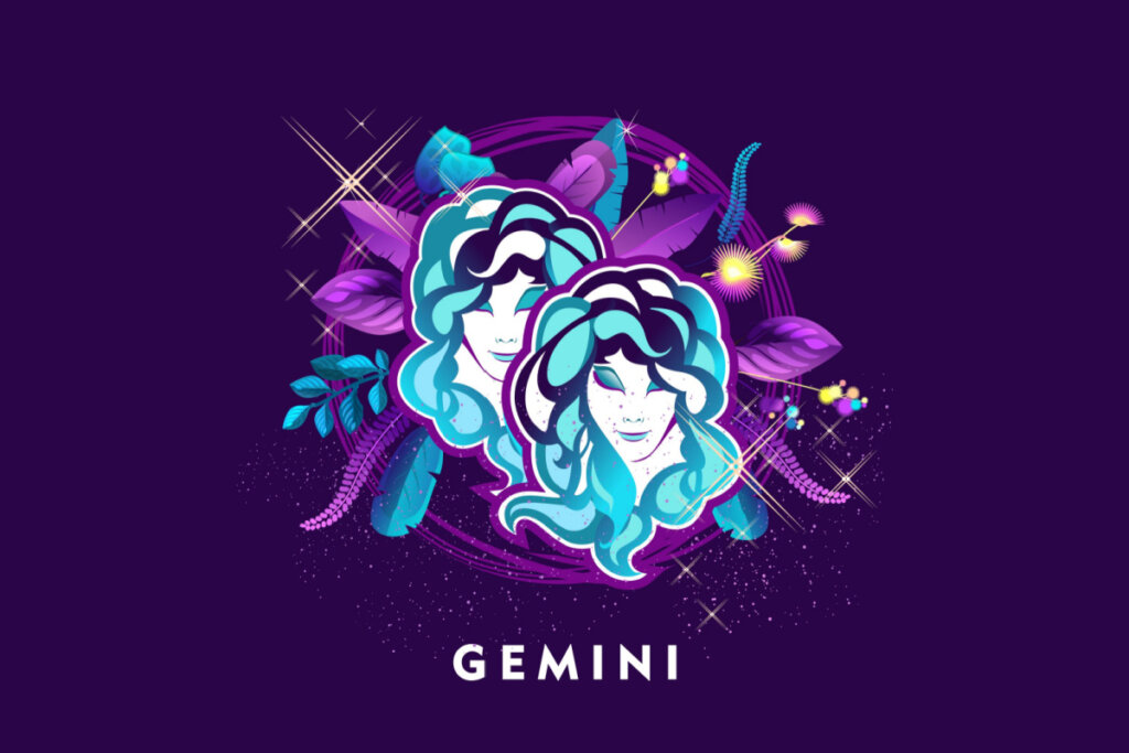 Símbolo do signo de Gêmeos em azul com detalhes em roxo em um fundo roxo