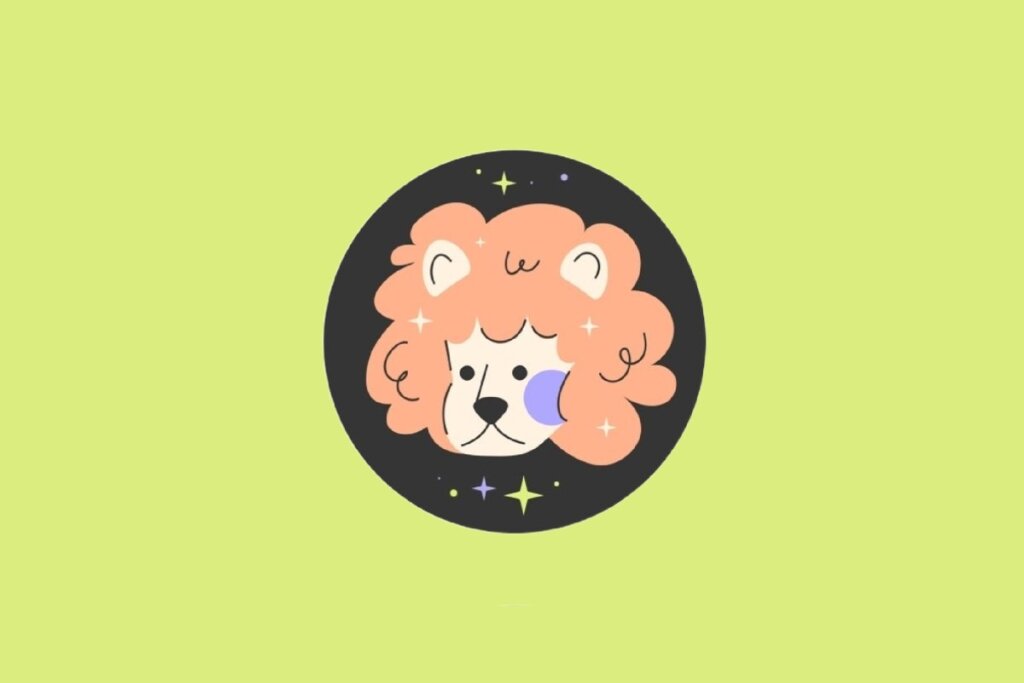 Ilustração circular com fundo preto da cabeça de um leão com juba volumosa laranja e bochecha roxa. O fundo externo é verde-limão.