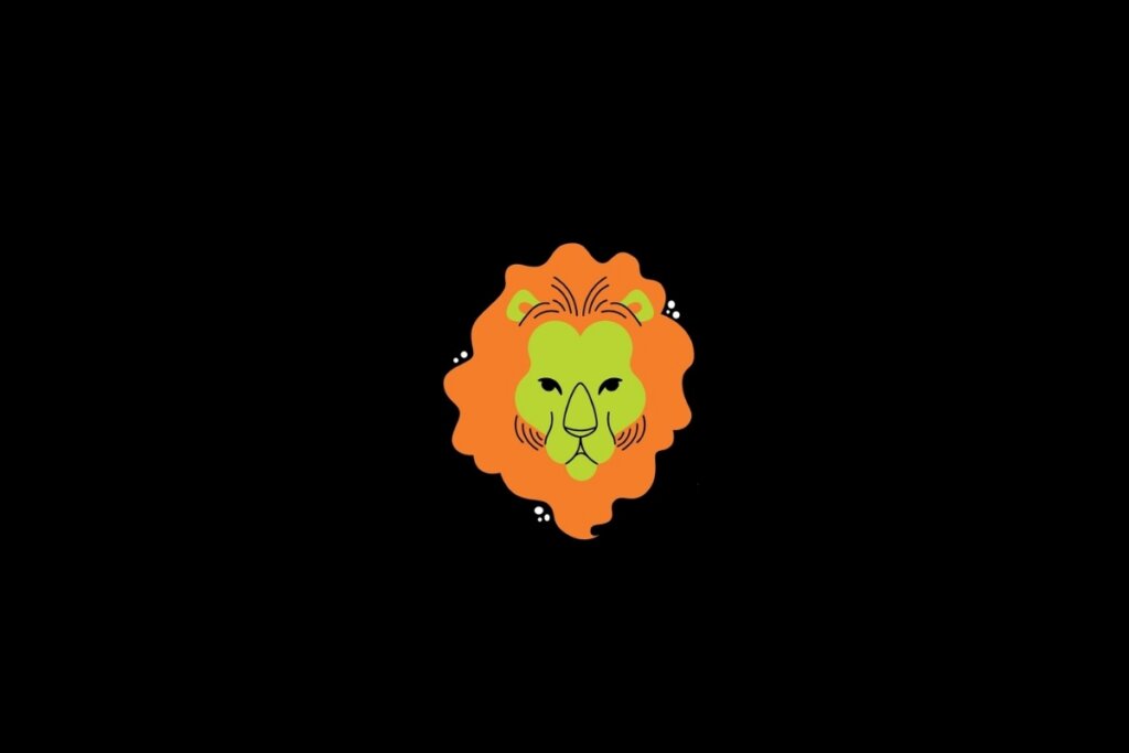 Ilustração do signo de leão nas cores laranja e verde em um fundo preto