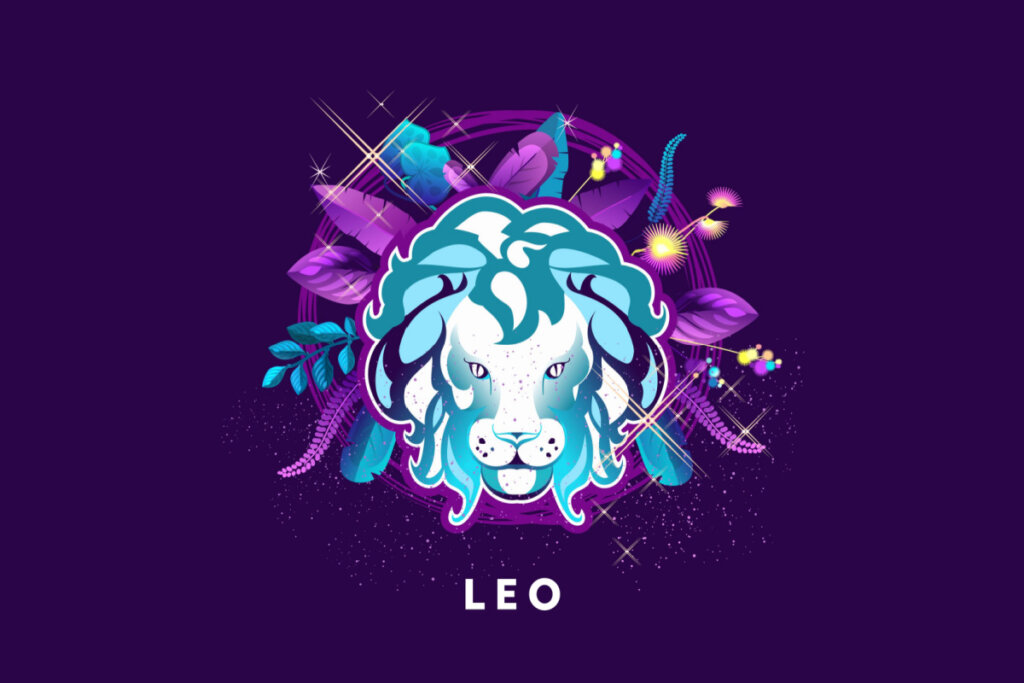 Símbolo do signo de Leão em azul com detalhes em roxo em um fundo roxo