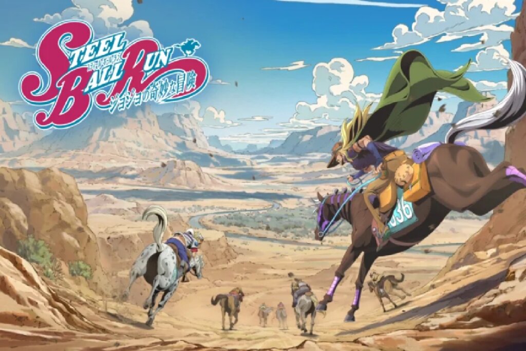 Ilustração em estilo anime da parte 7 de JoJo's Bizarre Adventure, Steel Ball Run. Em destaque à direita, um personagem com uma longa capa verde montado em um cavalo marrom galopa em direção a um vasto cânion. Outros competidores a cavalo são vistos à distância em uma trilha de terra. O céu é azul com nuvens brancas, e o logotipo colorido da série aparece no canto superior esquerdo.
