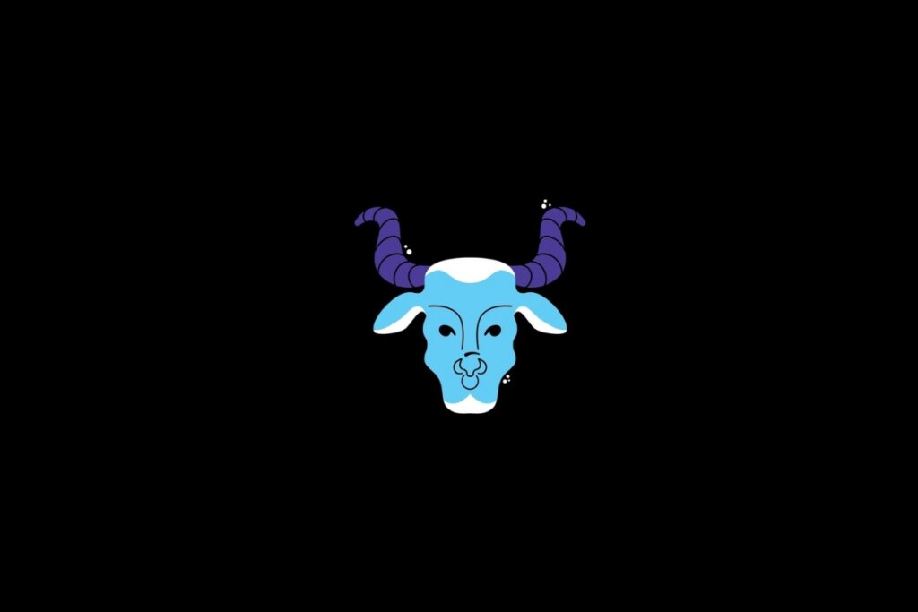 Ilustração do signo de touro nas cores azul e roxo em um fundo preto