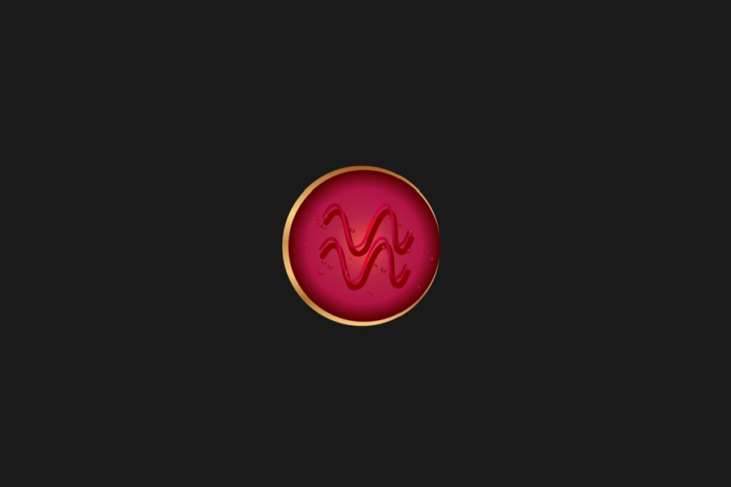 Ilustração do signo de Aquário, em um círculo vermelho com borda dourada, sobre um fundo preto