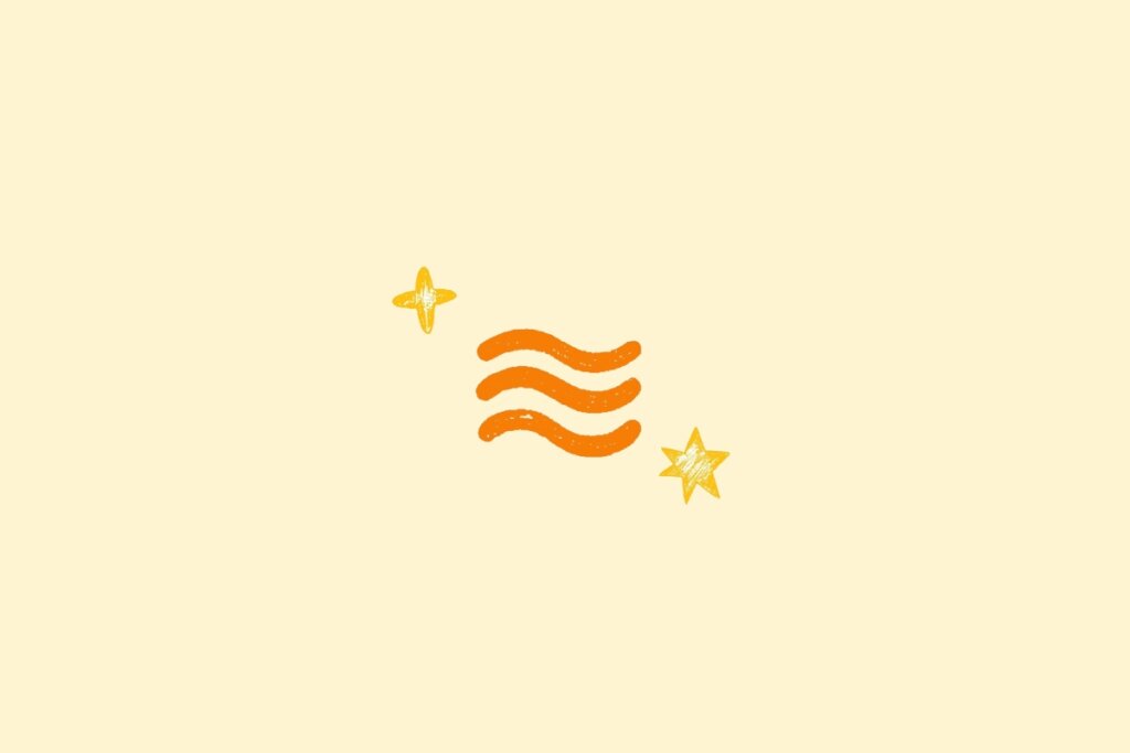 Ilustração do signo de aquário na cor laranja, centralizado em um fundo amarelo, e rodeado por estrelas