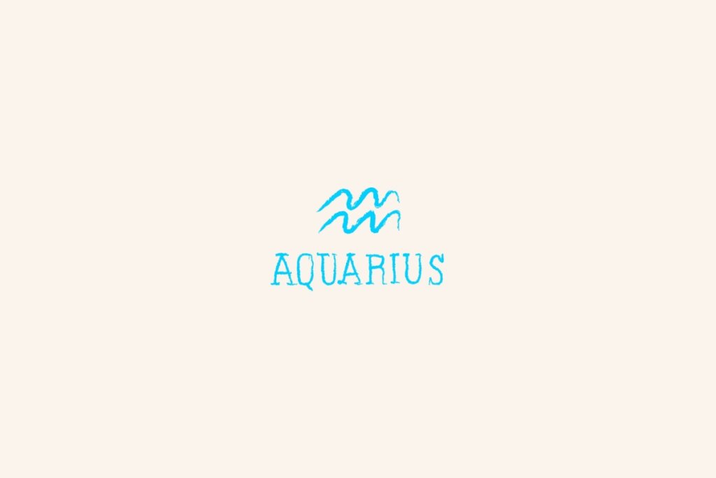 Símbolo do signo de aquário, na cor azul, centralizado em um fundo bege-claro e com o nome abaixo