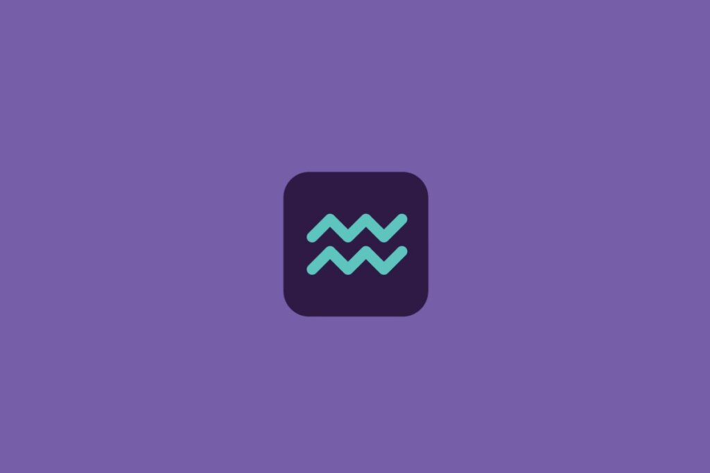 Ilustração do signo de aquário, em um quadrado roxo-escuro, sobre um fundo roxo