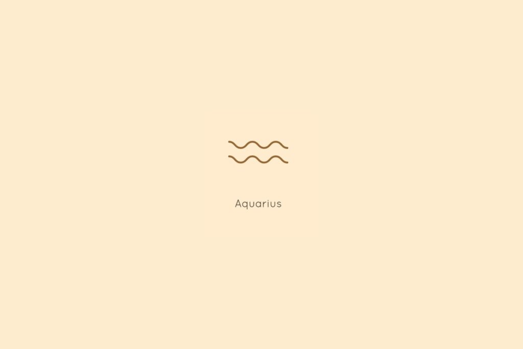 Ilustração do signo de aquário, centralizado em um fundo amarelo, com o nome do signo abaixo