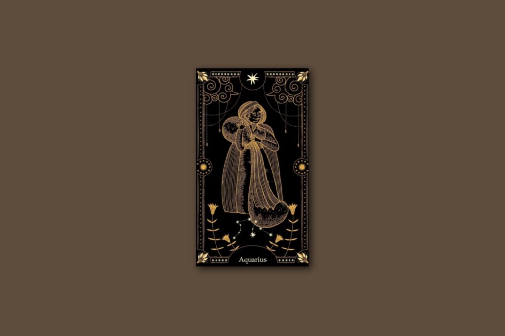 Ilustração de uma carta preta, com desenho de mulher com jarro jorrando água e da constelação de Aquário, com borda dourada e estrelas