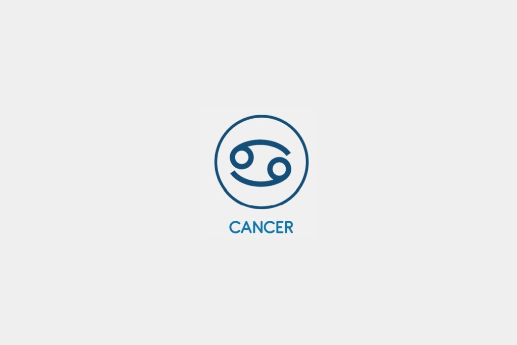 Círculo azul com o símbolo do signo de Câncer ao centro e o nome do signo abaixo, sobre um fundo cinza-claro