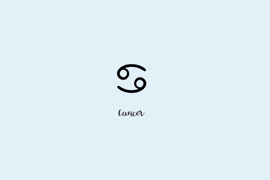 Ilustração do símbolo do signo de câncer, com o nome embaixo, em um fundo azul-claro