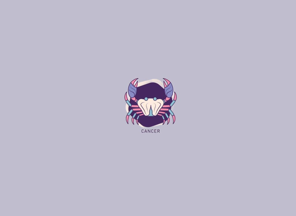 Ilustração de um caranguejo, em um círculo roxo, em tons de roxo, azul, rosa e bege, sobre um fundo lilás