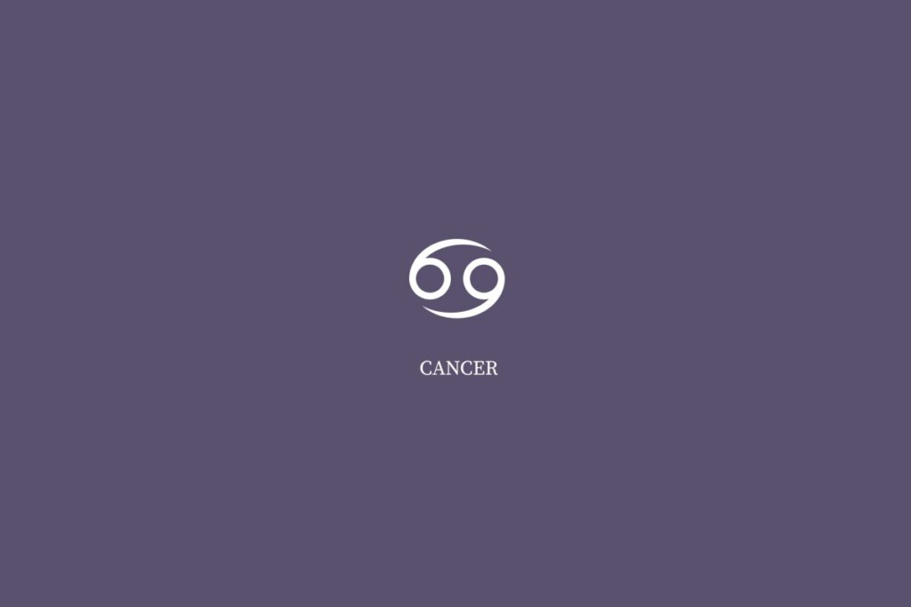Ilustração do signo de câncer, na cor branca e com o nome embaixo, centralizado em um fundo roxo