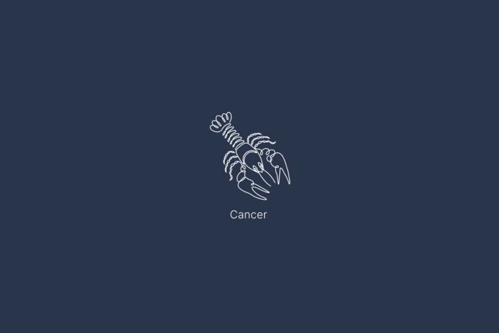Ilustração do signo de câncer, com o nome do signo abaixo, em um fundo azul-escuro