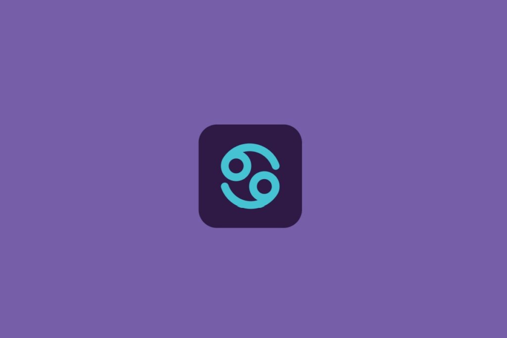 Ilustração do signo de câncer, em um quadrado roxo-escuro, sobre um fundo roxo