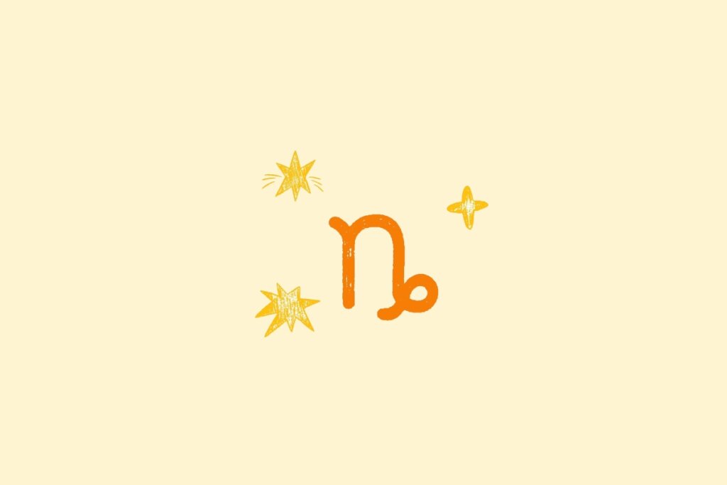 Ilustração do signo de capricórnio na cor laranja, centralizado em um fundo amarelo, e rodeado por estrelas