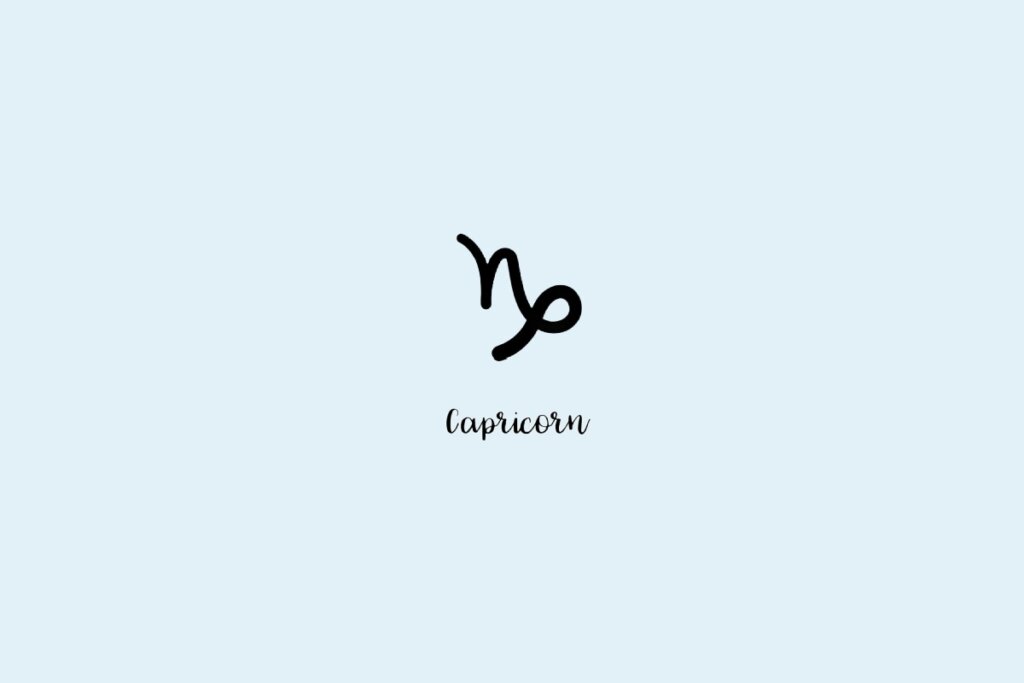 Ilustração do símbolo do signo de capricórnio, com o nome embaixo, em um fundo azul-claro