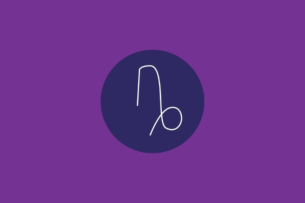 Ilustração do signo de capricórnio, em um círculo azul-escuro, sobre um fundo roxo