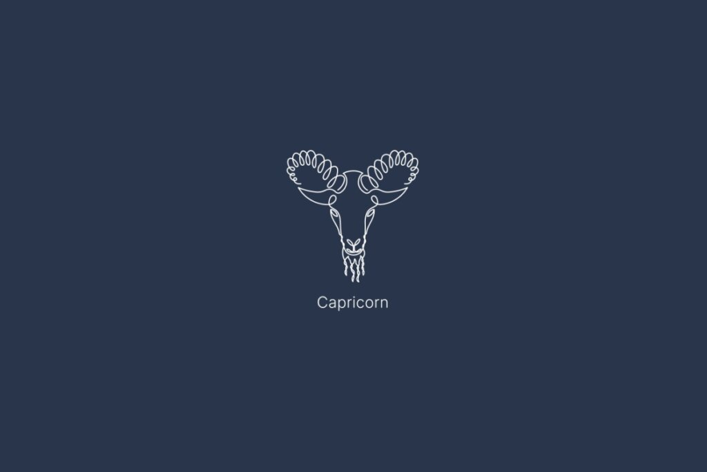 Ilustração do signo de capricórnio, com o nome do signo abaixo, em um fundo azul-escuro