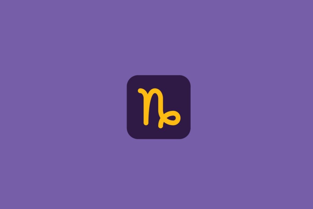 Ilustração do signo de capricórnio, em um quadrado roxo-escuro, sobre um fundo roxo