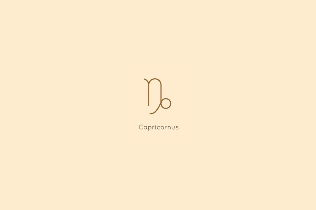 Ilustração do signo de capricórnio, centralizado em um fundo amarelo, com o nome do signo abaixo