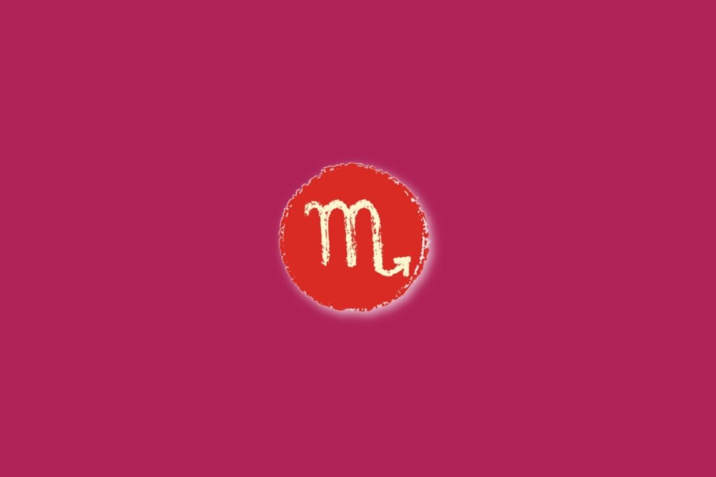 Ilustração do signo de escorpião, dentro de um círculo vermelho, sobre um fundo rosa