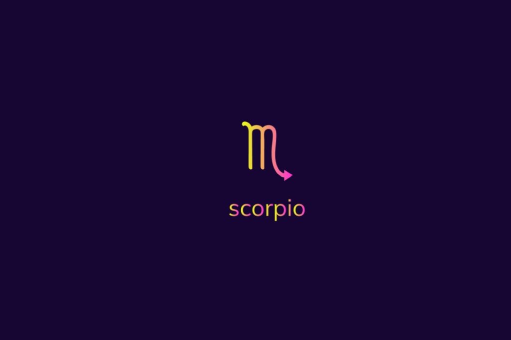 Ilustração do signo de escorpião na cor rosa e amarelo em um fundo azul-escuro