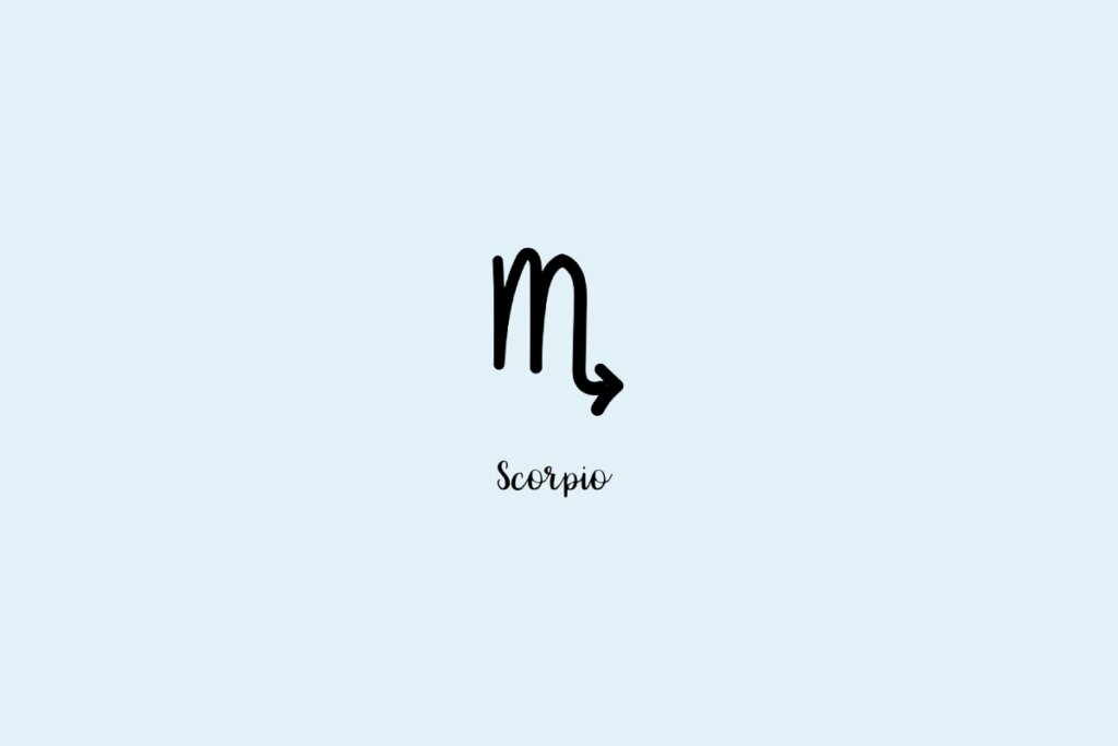 Ilustração do símbolo do signo de escorpião, com o nome embaixo, em um fundo azul-claro
