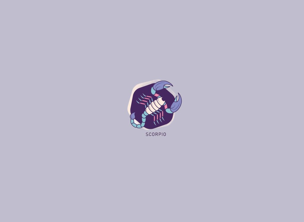 Ilustração de um escorpião, em um círculo roxo, em tons de roxo, azul, rosa e bege, sobre um fundo lilás