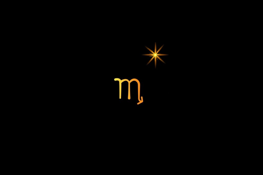 Ilustração do signo de escorpião em um fundo preto, com uma estrela do lado direito superior