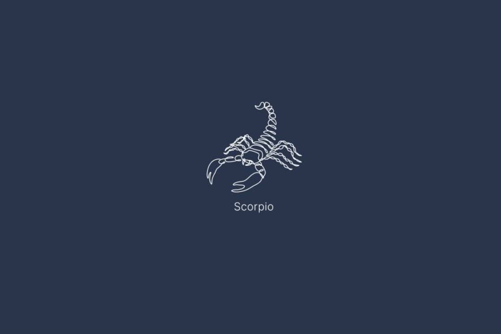Ilustração do signo de escorpião, com o nome do signo abaixo, em um fundo azul-escuro