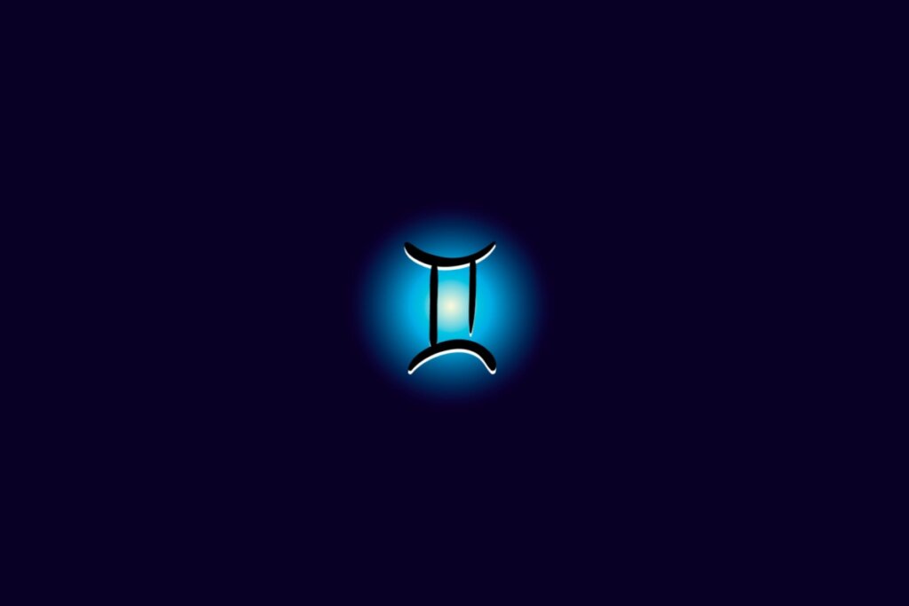 Ilustração do signo de gêmeos iluminado com uma luz em um fundo azul escuro