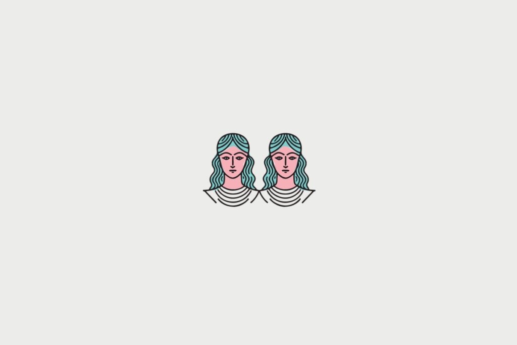 ilustração rosa e azul da cabeça de duas mulheres representando o signo de gêmeos sobre fundo cinza-claro